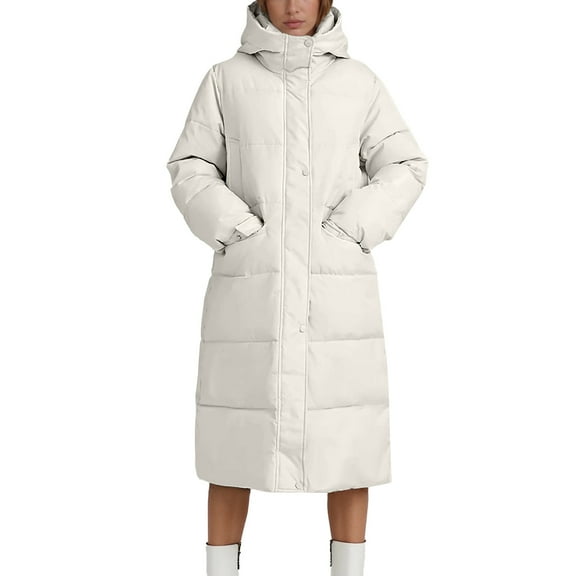 Cnbwig Winter Jacket for Womens Hooded Winter Long Coat for Heavy Duty Insulated Thermal Overcoat with Knee Length Warm Windproof Outerwear Fashion New Keep Warm Jacket White XL