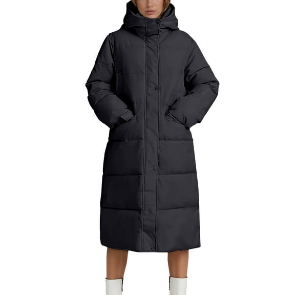 Cnbwig Winter Jacket for Womens Hooded Winter Long Coat for Heavy Duty Insulated Thermal Overcoat with Knee Length Warm Windproof Outerwear Fashion New Keep Warm Jacket Black XL