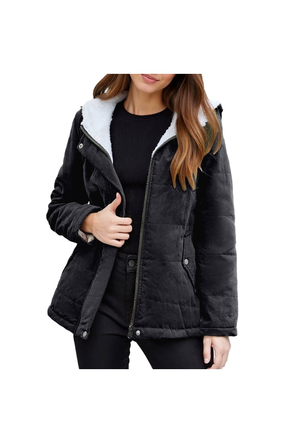 Winter Jacket for Womens Winter Padded Coat Lined Thick Warm Jacket Outerwear Windproof Coat Solid Color for Cold Weather Fashion New Keep Warm Jacket Black L