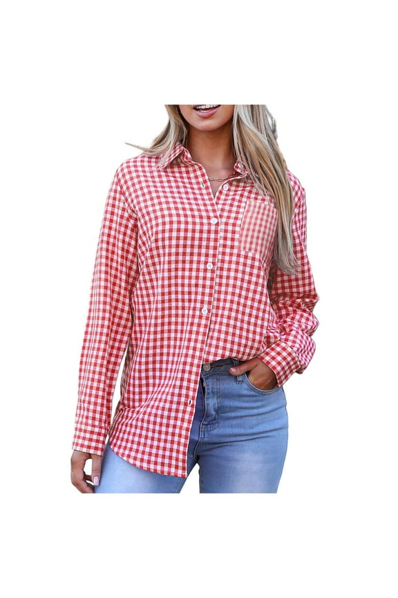 Winter Jackets for Women Long Sleeve Plaid Shirt Lightweight Button Down Loose Business Lapel Blouses Vintage Tops Fashion Jackets and Coats A-RD1 L