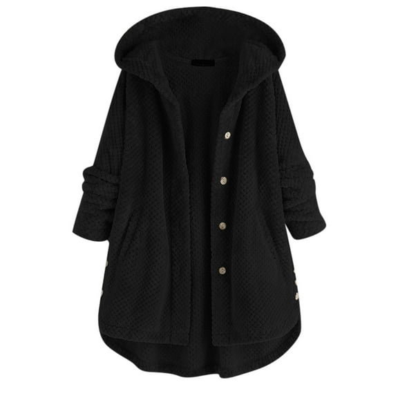 Cnbwig Winter Jackets for Women Solid Color Mid Length Coat Irregular Hem Hooded Warm Thick Button Sleeve Plus Size Coat Casual Plush Jacket Outwear C-Black L