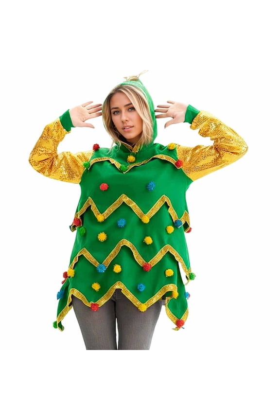 Women Christmas Long Sleeve Hood Sequin Knitted Sweater Pullover Hooded for Ball Cos Christmas Tree Green L