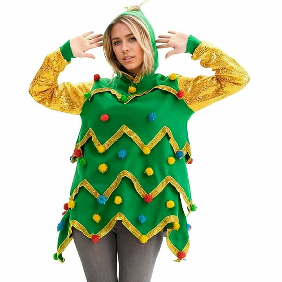 Cnbwig Women Christmas Long Sleeve Hood Sequin Knitted Sweater Pullover Hooded for Ball Cos Christmas Tree Green XXL