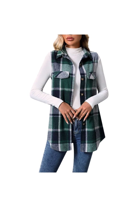 Women Fall Plaid Vest Jacket Lightweight Mid Long Coat Fashion Casual Elegant Jacket With Pockets Loose Button Down Coats Green XL