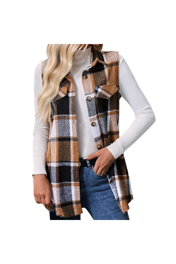 Women Fall Plaid Vest Jacket Lightweight Mid Long Coat Fashion Casual Elegant Jacket With Pockets Loose Button Down Coats Z-Khaki XL