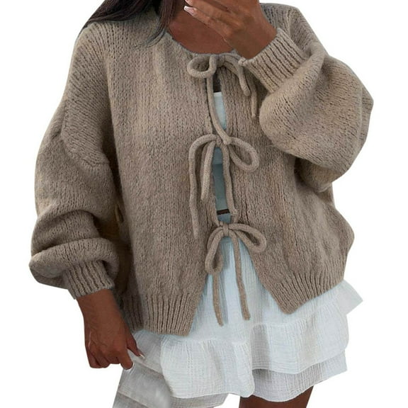 Cnbwig Women'S Lace-Up Cardigan Sweater Knit Long Puff Sleeve Solid Color Sweaters Fashion Autumn and Winter Jacket Coat Z4-Khaki XL