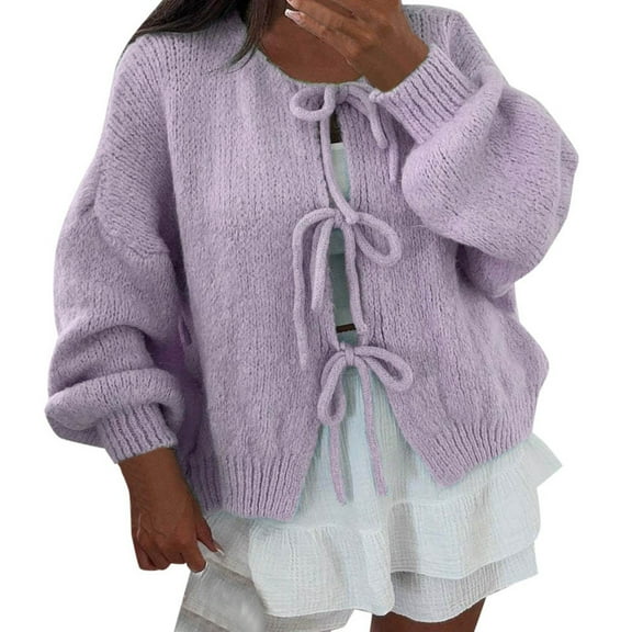 Cnbwig Women'S Lace-Up Cardigan Sweater Knit Long Puff Sleeve Solid Color Sweaters Fashion Autumn and Winter Jacket Coat Z4-Purple L