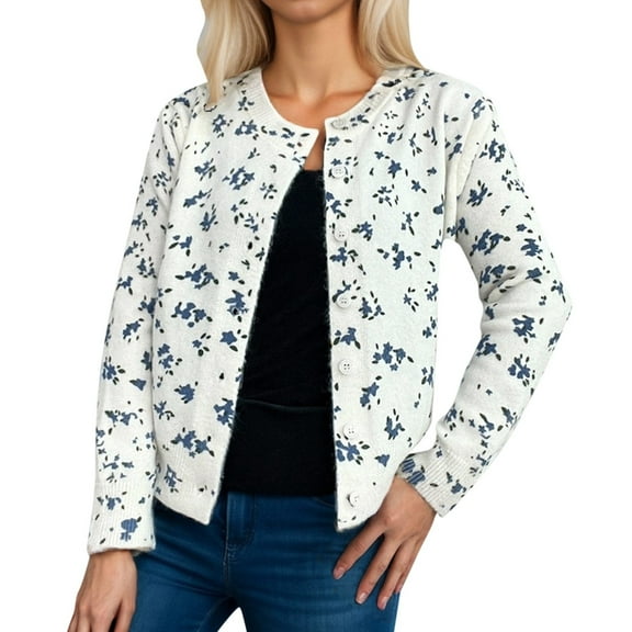 Cnbwig Women's Cardigan Classic Casual Knit with Floral Buttons Crew Neck Thick Warm Coat Fall Winter Soft Open Front Sweater Cardigans Fashion Outwear Tops B-White M