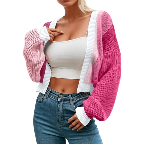 Cnbwig Women's Cardigan Classic Casual Knit Cozy Solid Color Loose Puff Long Sleeve Sweater Lightweight Coat Patchwork Color Knitted Shirts Winter Outerwear Trendy Coats A-Red2 M