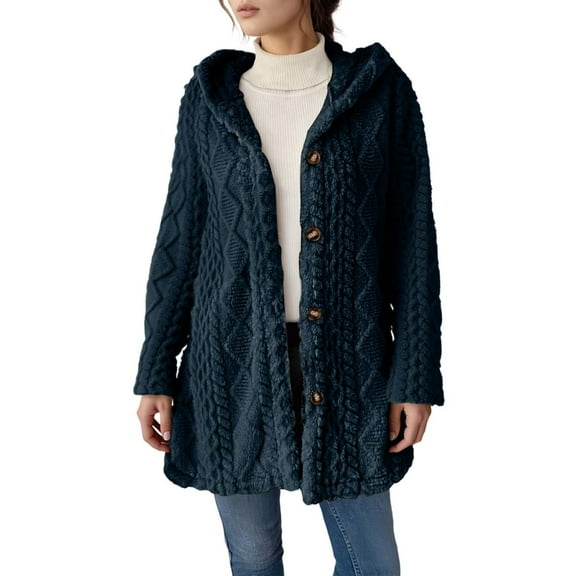 Cnbwig Women's Cardigan Sweaters Hooded Oversized Open Front Knit Color Block Sweater Coat Fall Winter Tops Navy L