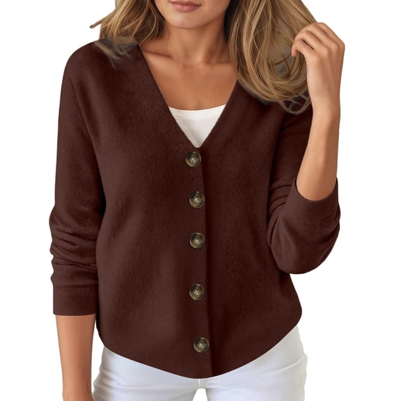 Cnbwig Women's Cardigans Jackets Open Front Fall Winter Button Down Solid Color V Neck Sweater Knitted Long Sleeve Loose Top Tops Casual Cardigans A-Coffee XXL