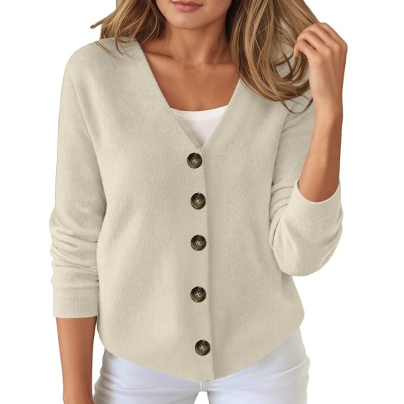 Cnbwig Women's Cardigans Jackets Open Front Fall Winter Button Down Solid Color V Neck Sweater Knitted Long Sleeve Loose Top Tops Casual Cardigans A-White1 S