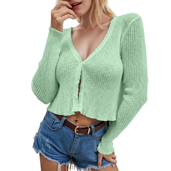 Cnbwig Women's Cardigans Jackets Open Front Lightweight Soft Sweater Solid Color Knit Slimming V Neck Button Crop Tops Outfits Ladies Outerwear Fall Coat A-Green One Size