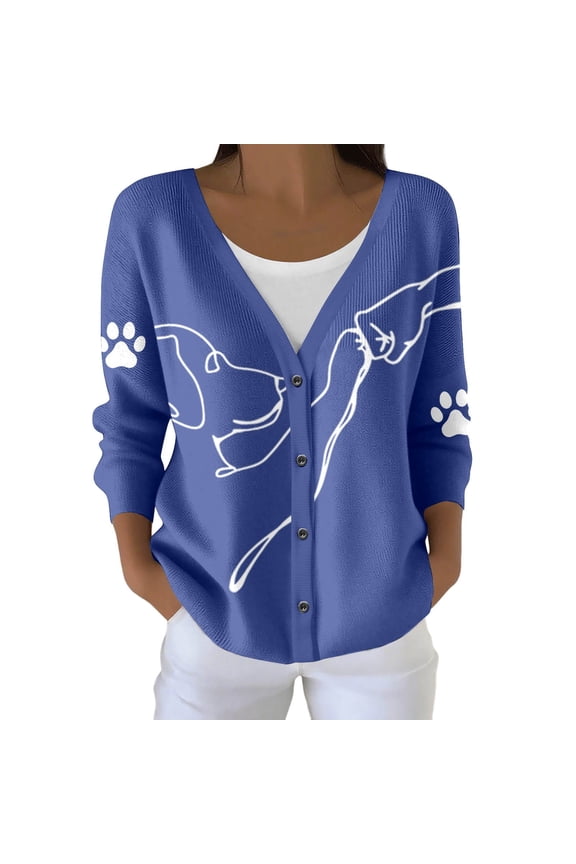 Women's Cardigans Lightweight Casual Long Sleeve Knit Button Front v Neck Floral Cat Printed Cardigan Sweaters for Women Blue S