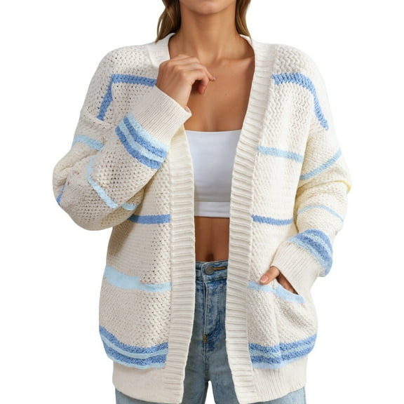 Cnbwig Women's Casual Cardigan Sweater Fall/Winter Colorful Striped Knit Loose Sweater Long Sleeve V Neck Warm Coat with Pockets Ladies Outerwear Fall Coat A-Blue S