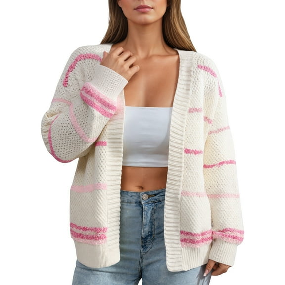 Cnbwig Women's Casual Cardigan Sweater Fall/Winter Colorful Striped Knit Loose Sweater Long Sleeve V Neck Warm Coat with Pockets Ladies Outerwear Fall Coat A-Red L