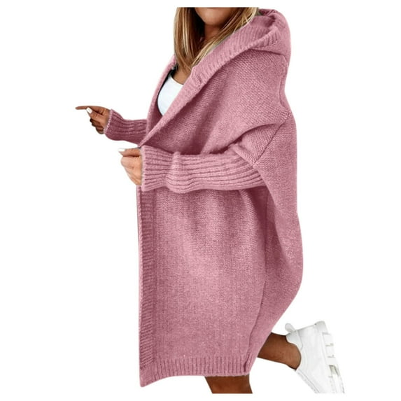 Cnbwig Women's Casual Cardigan Sweater Winter Sweater Solid Color Hooded Open Batwing Sleeve Oversize Long Coat Knitted Warm Jacket Cardigan Sweater Fashion Cover Ups A-Pink M