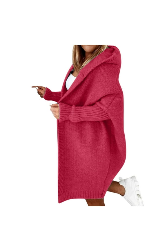 Women's Casual Cardigan Sweater Winter Sweater Solid Color Hooded Open Batwing Sleeve Oversize Long Coat Knitted Warm Jacket Cardigan Sweater Fashion Cover Ups A-Red XL