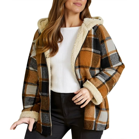 Cnbwig Women's Coats, Jackets & Vests Jacket Color Block Plaid Hooded Coat Soft Thick Warm Winter Outerwear Zip Up for Daily Wear Overcoat Casual Loose Jacket A-Yellow XL
