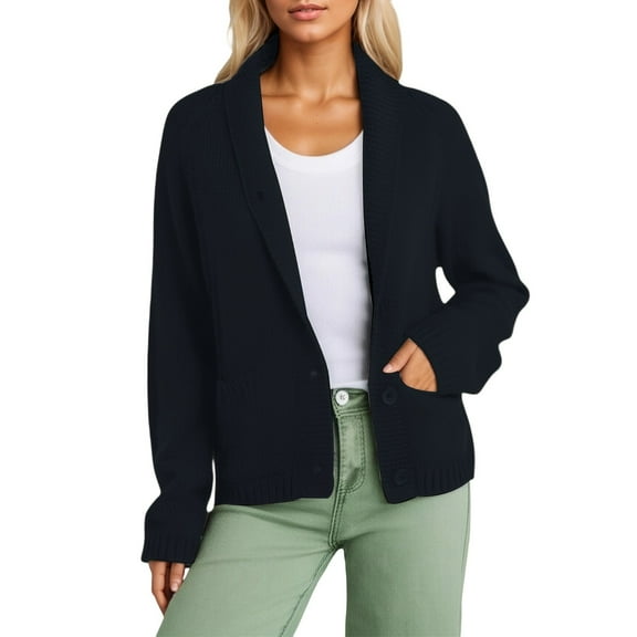 Cnbwig Women's Fall Winter Knit Sweater Long Sleeve Lobster Printed Knit Sweater Lapel Buttons Jacquard Warm Coat for Daily Wear Tops Casual Open Front Cardigans A-Black M