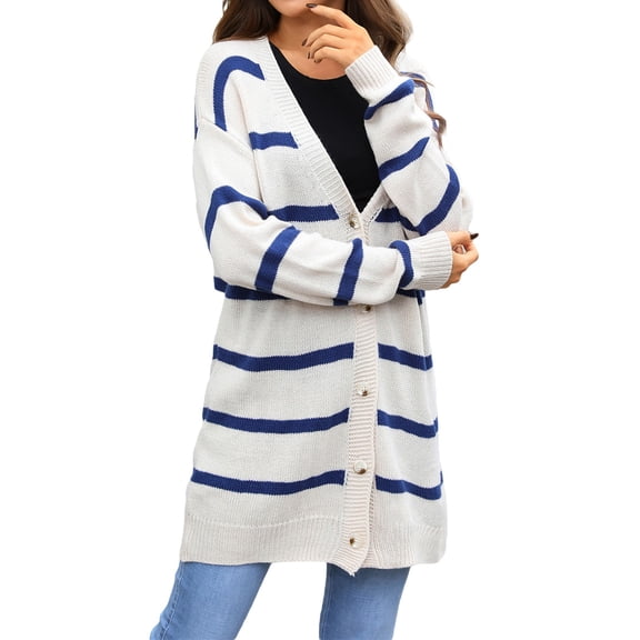 Cnbwig Women's Fall Winter Knit Sweater Minimalist Button Front Striped V Neck Stripe Printed Loose Knit Jacket Long Coat Sweater Cardigans Casual Outwear Tops A-Beige L