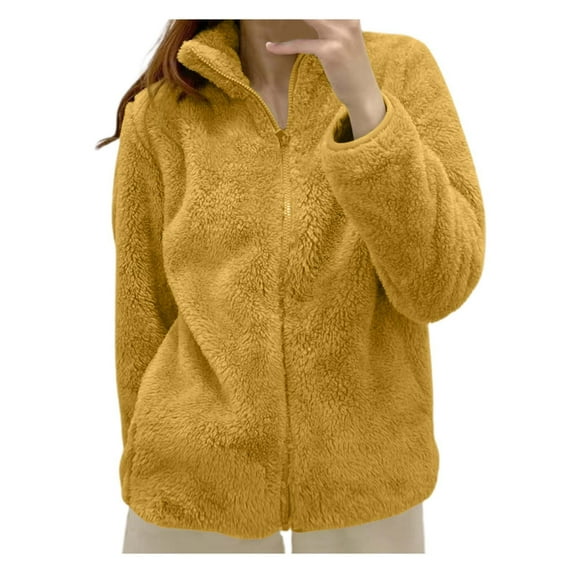Cnbwig Women's Fleece Coat Solid Color Furry Jacket with Stand Collar Zip Up Cozy Thick Warm Outerwear Sherpa Coats for Womens Yellow M