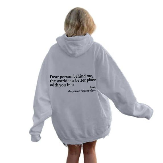 Cnbwig Women's Graphic Hoodies Long Sleeve Back Letter Printed Hoodie Loose Drop Shoulder Sweatshirts with Pocket Top Blouses Ladies Sweater Pullover Sweat Shirts Grey XXL