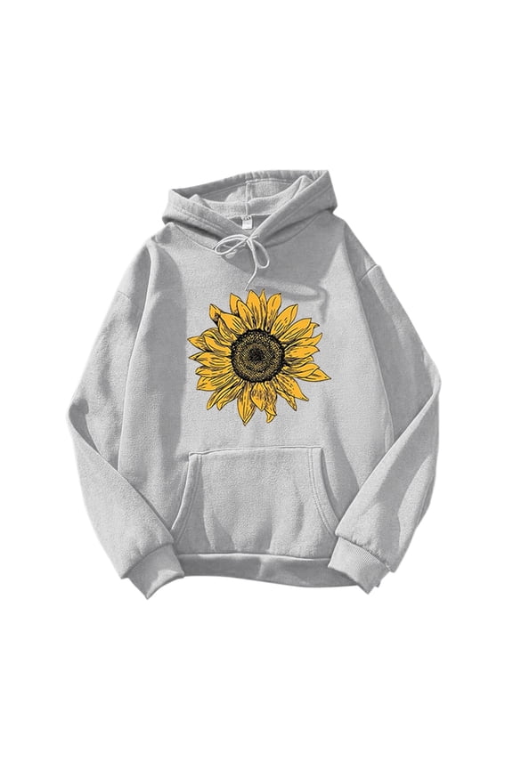 Women's Graphic Hoodies Sunflower Print Drop Shoulder Top Outwear Long-Sleeved Sweatshirt Loose Blouse Warm Winter Coat Pullover Hoodies Fall Shirts Grey XL