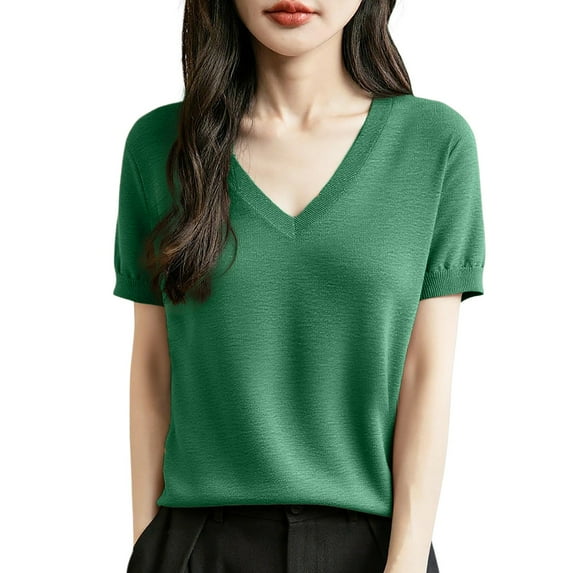 Cnbwig Women's Knitwear Wool Blend V Neck Solid Color Fall Tops Lightweight Loose Knit Casual Blouses for Women Z3-Green M