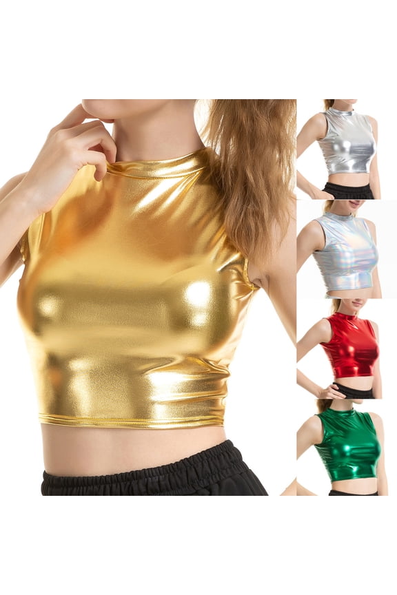 Women's Metallic Liquid Mock Neck Turtleneck Crop Top Sleeveless Tank Top T-Shirt Dance Vest Clubwear Solid Color Slim Tees