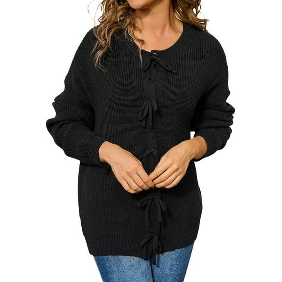 Cnbwig Women's Open Front Cardigan Bow Tie Front Round Neck Long Sleeve Solid Color Knit Sweater Loose Coat Warm Fall Cardigan Sweater Casual Cover Ups A-Black L