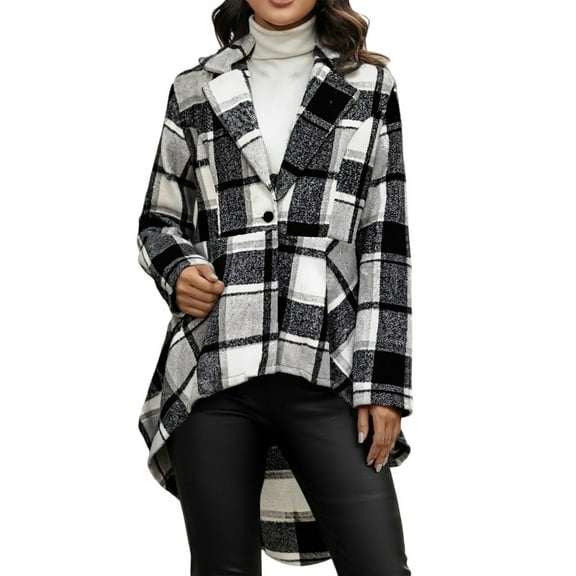 Cnbwig Women's Open Front Cardigan Elegant Plaid Button Front Long Sleeve Jacket with High Low Hem Lapel Waistband Warm Wool Flared Trendy Fall Shirts Fashion Coats A-Grey L