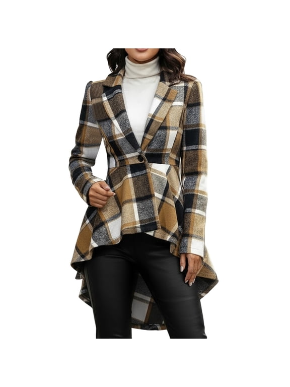 Women's Open Front Cardigan Elegant Plaid Button Front Long Sleeve Jacket with High Low Hem Lapel Waistband Warm Wool Flared Trendy Fall Shirts Fashion Coats A-Khaki XL