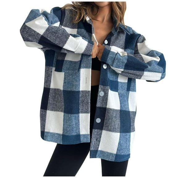 Cnbwig Women's Plaid Coat Long Sleeve Lapel Lightweight Button Down Jacket Flannel Warm Loose Shirt Autumn Fashion Trend Z2-Blue S