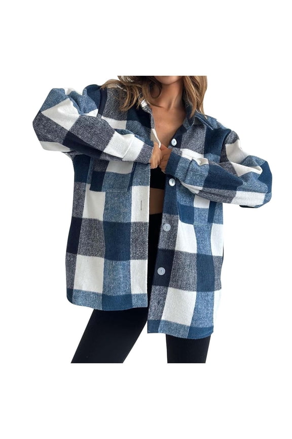 Women's Plaid Coat Long Sleeve Lapel Lightweight Button Down Jacket Flannel Warm Loose Shirt Autumn Fashion Trend Z2-Blue S