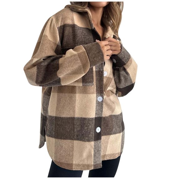 Cnbwig Women's Plaid Coat Long Sleeve Lapel Lightweight Button Down Jacket Flannel Warm Loose Shirt Autumn Fashion Trend Z2-Coffee L