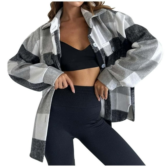 Cnbwig Women's Plaid Coat Long Sleeve Lapel Lightweight Button Down Jacket Flannel Warm Loose Shirt Autumn Fashion Trend Z2-Grey S