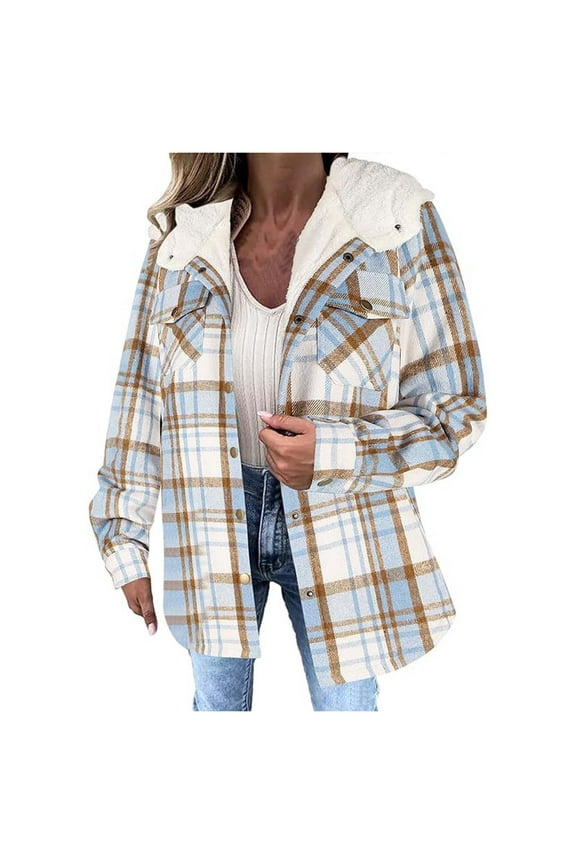 Women's Plaid Short Jacket Long Sleeve Button Up Fleece Lined Hooded Checked Printed Coat Warmth Winter Jackets Blue M