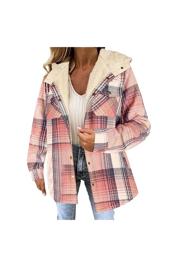 Women's Plaid Short Jacket Long Sleeve Button Up Fleece Lined Hooded Checked Printed Coat Warmth Winter Jackets Pink L