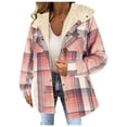 thumbnail image 1 of Cnbwig Women's Plaid Short Jacket Long Sleeve Button Up Fleece Lined Hooded Checked Printed Coat Warmth Winter Jackets Pink S, 1 of 9