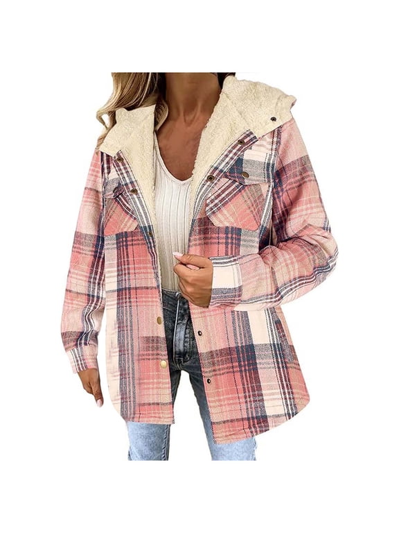 Women's Plaid Short Jacket Long Sleeve Button Up Fleece Lined Hooded Checked Printed Coat Warmth Winter Jackets Pink XXL