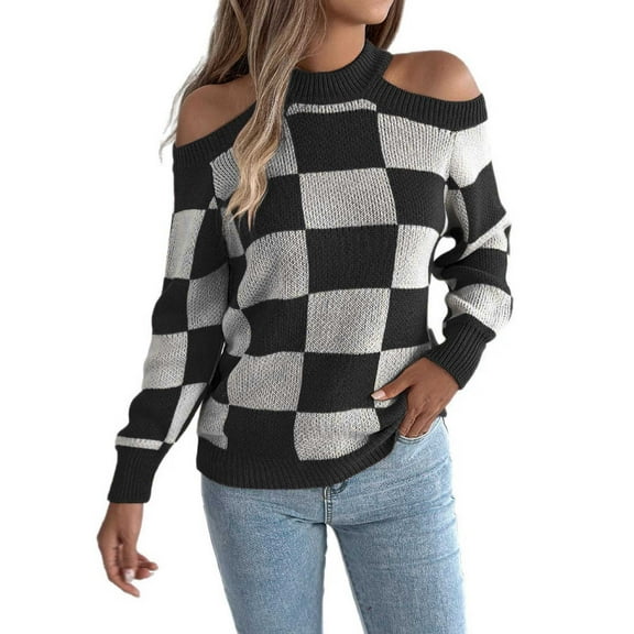 Cnbwig Women's Pullover Sweater Casual Off The Shoulder Color Blocking Checkered Long Sleeved Knitted Sweater Loose Knitwear for Womens Z1-Black L