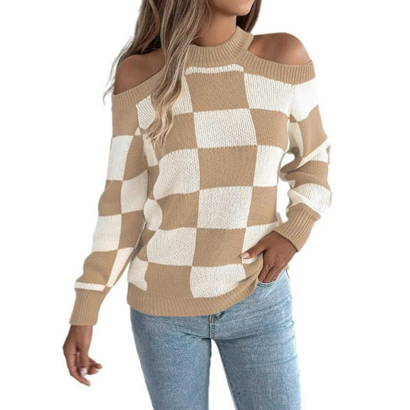 Cnbwig Women's Pullover Sweater Casual Off The Shoulder Color Blocking Checkered Long Sleeved Knitted Sweater Loose Knitwear for Womens Z1-Khaki S