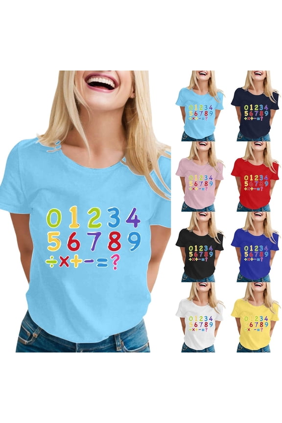 Women's Summer Tops Fashion Number Confetti Print T Shirt Casual Crew Neck Short Sleeve Blouses Graphic Tees