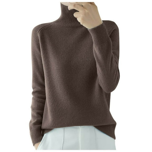 Cnbwig Women's Sweaters Solid Color Stand Collar Sweater Pullover Knitted Solid Color Loose Autumn and Winter Bottoming Shirt Shirts for Ladies Hoodies A-Brown M