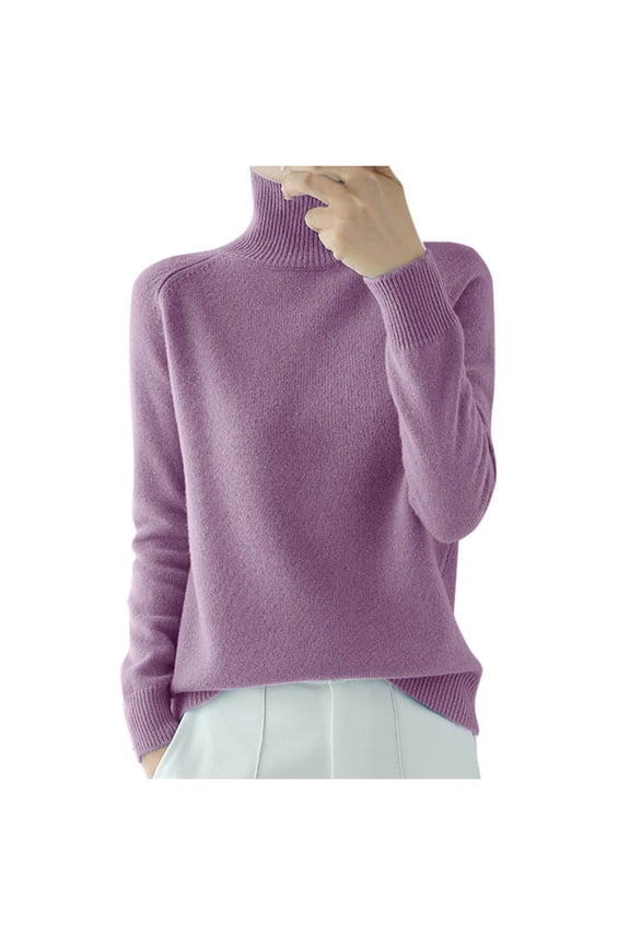 Women's Sweaters Solid Color Stand Collar Sweater Pullover Knitted Solid Color Loose Autumn and Winter Bottoming Shirt Shirts for Ladies Hoodies A-Purple L