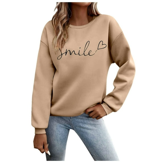 Cnbwig Women's Sweatshirt Daily Home Outdoor Solid Long Sleeve Letter Printed Hoodless Crew Neck T Shirt Pullover Ladies Sweatshirts Daily Wear Hoodies A-Khaki L