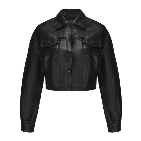 Cnbwig Women's Trendy Jackets Solid Color Long Sleeved Short Lapel Leather Jacket Cropped Lapel Jacket Motorcycle Shirt 2025 Fall Coat Tops A-Black L