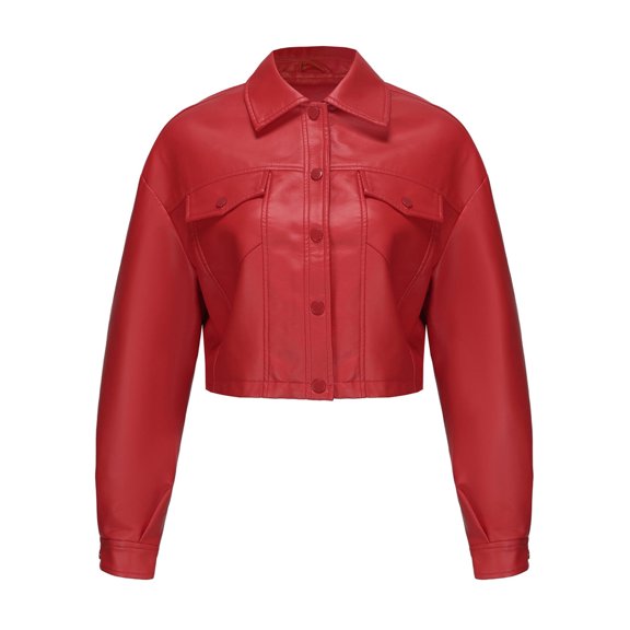 Cnbwig Women's Trendy Jackets Solid Color Long Sleeved Short Lapel Leather Jacket Cropped Lapel Jacket Motorcycle Shirt 2025 Fall Coat Tops A-Red XXL