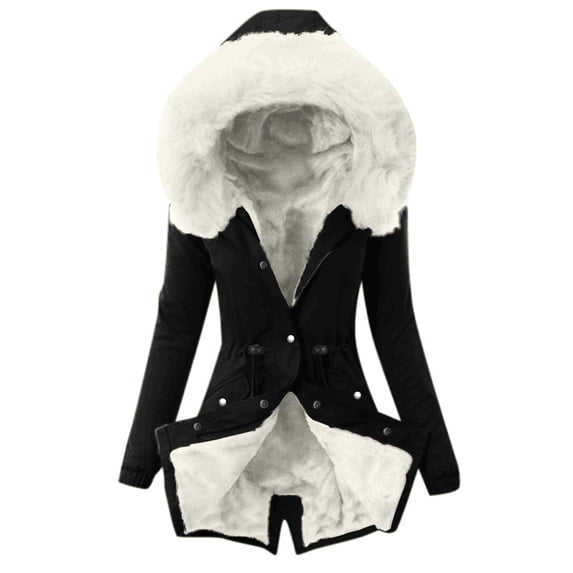 Cnbwig Women's Trendy Jackets Plus Size Coat with Hood Long Sleeve Thicken Coat Warm Hooded Furry Solid Color Padded Outerwear Coats Winter Outfits Clothes Y2K B-White M